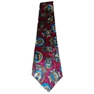 Stanley Blacker Men's Neck Tie Red Geometric Badges ABC Bowling 100% Silk MINT